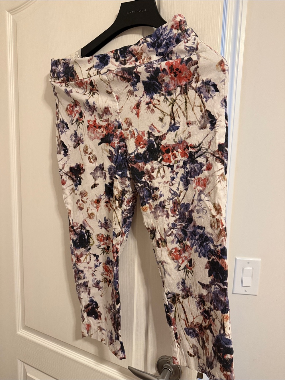Floral Cropped Ankle Pants - White with Blue, Purple & Pink Floral